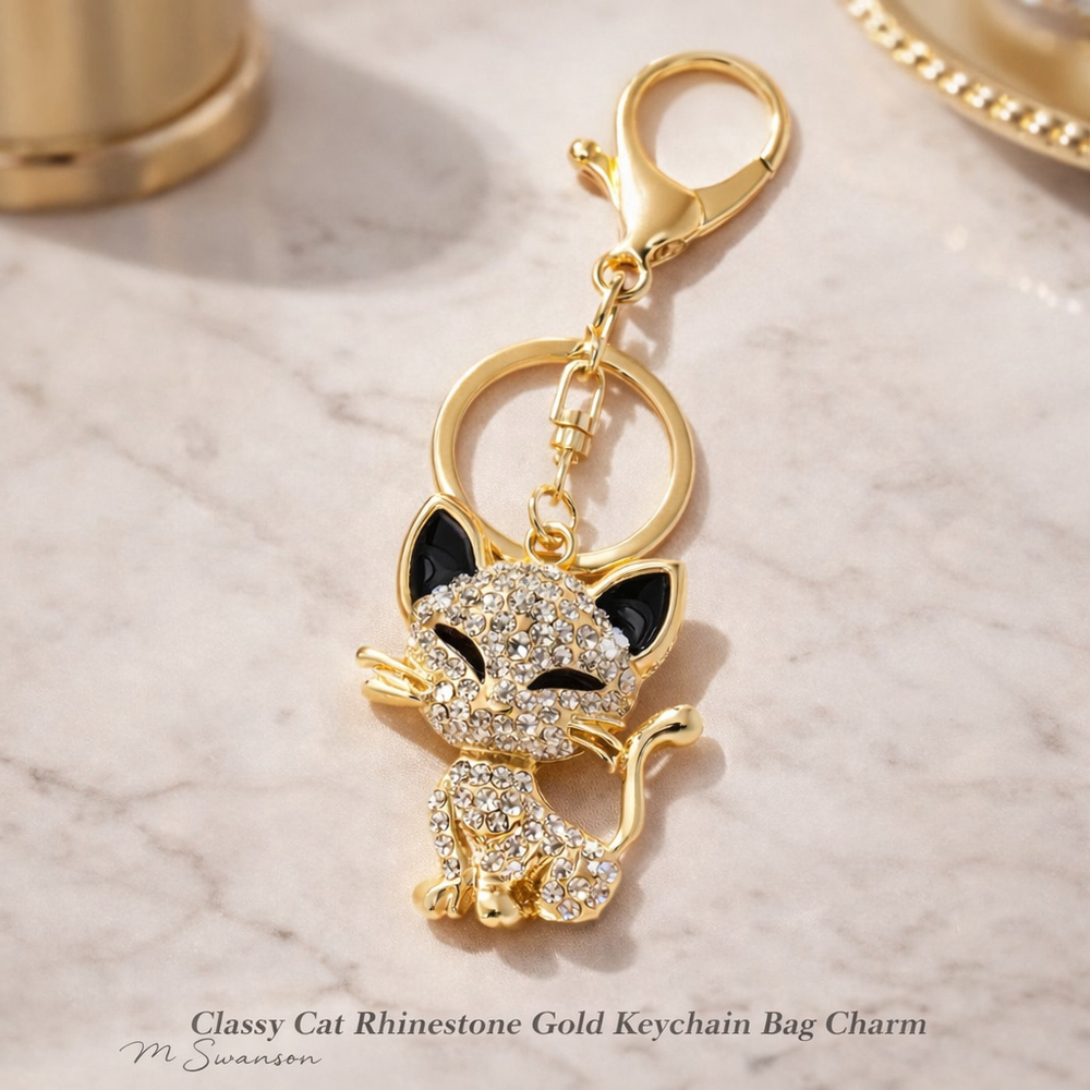 NEW Classy Cat Rhinestone gold key chain bag charm